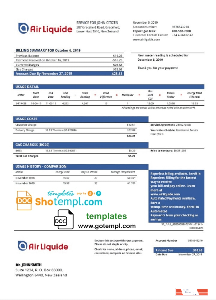 New Zealand Air Liquide gas utility bill template in Word and PDF format
